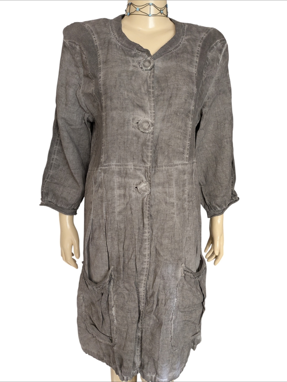 Kokomarina French Langen look Washed Gray Linen Tunic Style Dress, NWOT